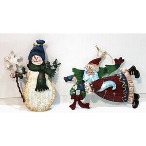 Rustic Metal Snowman & Santa Claus Hanging Christmas Tree Holiday Ornament Lot 2